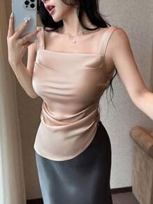 SHEIN LUNE Women Solid Color Pleated Slim Fit Camisole For Summer - Dusty Pink - View 3