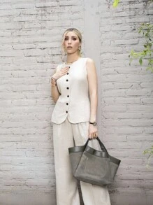 SHEIN x PRISCILA & JIMENA MOTF PREMIUM PANTALONES DE LINO DE PIERNA ANCHA - Albaricoque - Ver 3