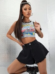 SHEIN Tall Casual Wide Leg High Waist Black Denim Shorts - Black - View 6