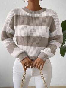 Calvaya Jersey de punto con hombros caídos, contraste de colores a rayas, manga larga