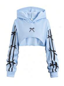 Sparklyn 3 件套青少年女孩秋冬蓝色蝴蝶结装饰短款连帽运动衫、可调节吊带上衣和休闲黑色口袋裤，舒适百搭套装，家庭和姐妹装，演唱会服装 - 彩色 - 查看 6