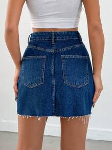 SHEIN Cottnline Váy mini denim cạp cao giặt thường ngày, mùa hè - Rửa tối - Xem 2