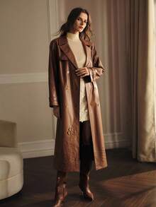 MOTF PREMIUM ABRIGO TRENCH DE PU CON BORDADO FLORAL - Marrón Chocolate - Ver 4