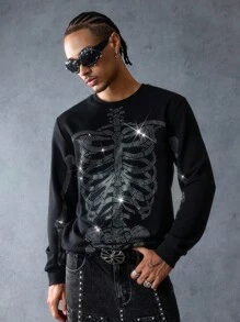 ROMWE MEN Anime Moletom de Manga Longa com Gola Careca e Esqueleto Cravejado de Strass, Halloween - Preto - Visão 5