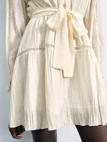 Maija 2025 Early Autumn Vacation Round Neck Ruffle Tie Design Lace Patchwork Lantern Sleeve Textured Ruffle Design Women Short Dress Tie Front Dress Drawstring Dress Smock Dress Mini Dress Cream Dress - White - View 7