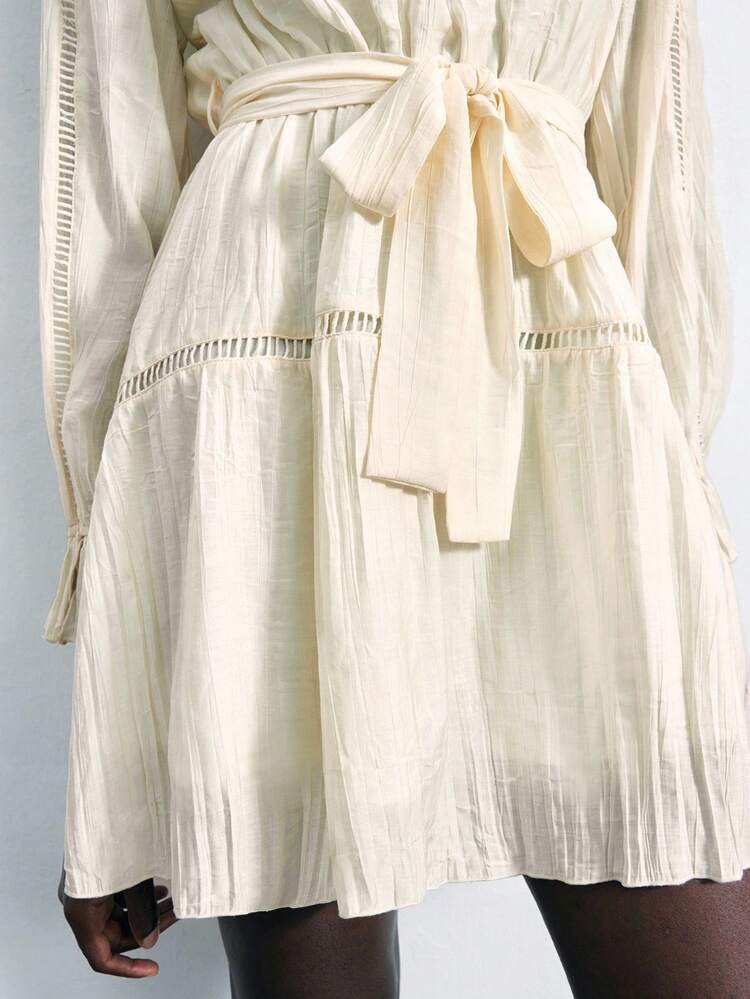 SHEIN Maija 2025 Early Autumn Vacation Round Neck Ruffle Tie Design Lace Patchwork Lantern Sleeve Textured Ruffle Design Women Short Dress Tie Front Dress Drawstring Dress Smock Dress Mini Dress Cream Dress