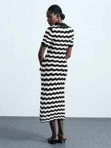 Maija 2025 Black & White Contrast Color Knitted Long Dress For Women Black And White Dress Women Knit Dress Women Polo Dress Mod Dress Autumn And Winter Women's Dress Featuring Artistic Stripes, Geometric Shapes, And A Unique Designer Style-An Ideal Choice For Halloween Parties. - Black and White - View 4