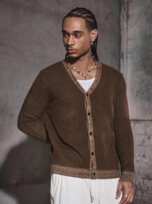 PAVTROS Manfinity Streetrush Men's Casual Contrast Trim Knit Cardigan , Fall Winter - Coffee Brown - View 1