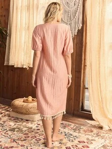 Lullawish Casual Bohemian Style Tassel Decor Women Vacation Dress - Coral Pink - View 2