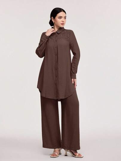Veilorie 2pcs Set: Women Casual Elegant Contrast Lace Button Up Shirt & Pants Brown Two Piece Set Women Brown Blouse And Pants Set