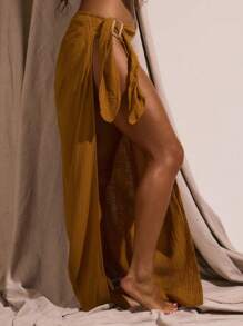 Musera Resort Cheesecloth Sarong Tie Side Maxi Skirt Only Spring Summer Vacation Sexy Boho Ibiza Festival Beach Swim Cover Up Elegant Party - Brown - View 3