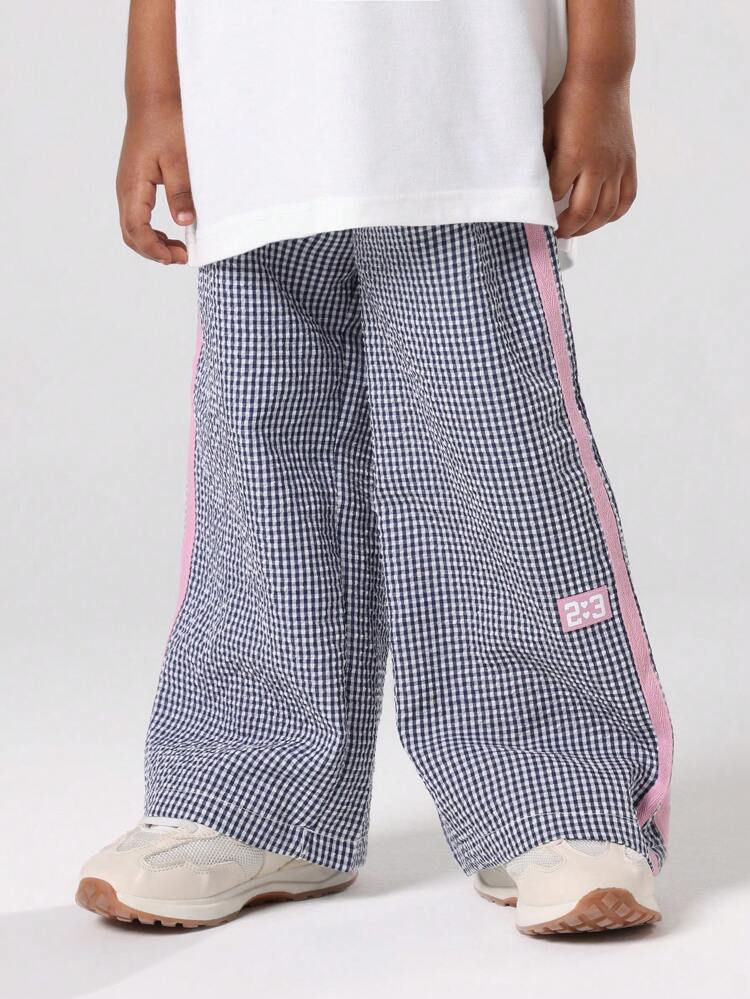 핑크 사이드 스트라이프 체크 프린트 와이드 레그 팬츠
