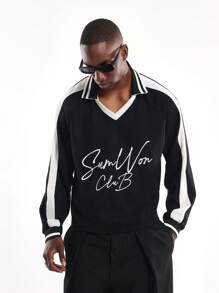 SUMWON Retro Style Polo With Signature Club Script Print White Striped Detail Varsity Look Premium Club Wear Monochrome Design Casual - Black - View 6