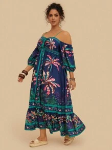 Levarali Plus Size Women's Vintage Boho Casual Bohemian Style Tropical Plant Print Long Dress Beach Vacation Party Navy Blue Summer - Multicolor - View 4