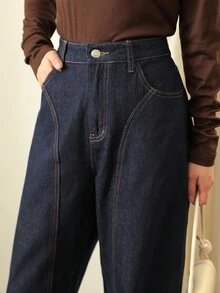 K-Vae 女士秋冬深蓝色镰刀裤牛仔裤，学院风牛仔裤，韩版，万圣节服装，别致秋季 - 深色水洗藍 - 查看 4