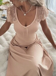 SHEIN 蕾丝拼布罗纹针织女式长款睡袍 - 杏色 - 查看 5