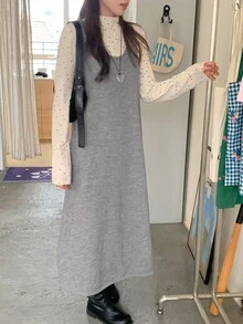 DAZY 女士纯色圆领无袖休闲宽松针织连衣裙毛衣裙夏季女装 - 灰色 - 查看 8