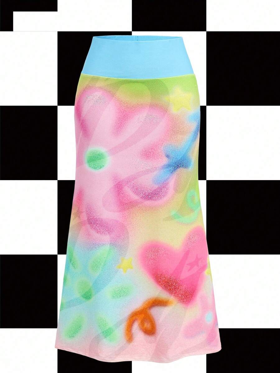 Y2Kool Disco Dime 多色、千禧、像素、花卉、心形、星星、少女、Y2K、休闲、女式低腰迷你裙、适合夏季、度假、聚会、派对、日常穿着图案裙 - 彩色 - 查看 1