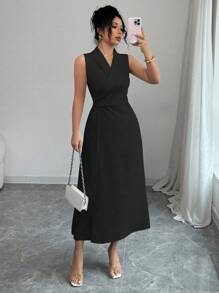Elenzga 女士夏季优雅纯色无袖连衣裙 - 黑色 - 查看 4