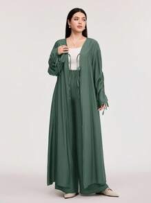 Veilorie Women 2pcs/Set Simple Solid Color Drawstring Long Sleeve Top And Elastic Waist Pants - Blue - View 3