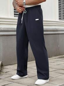 Manfinity Homme Pantalon casual ample à jambe droite avec taille à cordon et poches, pour l'automne, tailles plus pour hommes - Bleu marine - Voir 5