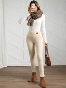 Easowa Women's Beige Thermal Lined Leggings, Autumn/Winter Cream Leggings Knit Leggings Leggings Women Leggings Ankle Leggings Women Bottoms Long Pants Women Warm Leggings High Waisted Leggings Winter Women Clothes - Apricot - View 6