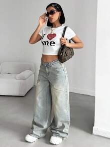 EURMUSE WOMEN LOW WAIST LOOSE WIDELEG CASUAL Y2K STYLE  Women S Clothes Women Summer Clothing Woman S Summer Clothes Women S Bottoms - Light Wash - View 3