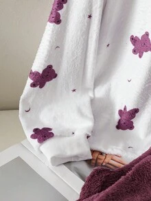 2 件套少女睡衣套装，柔软毛绒面料，可爱小熊全身印花上衣和配套裤子，时尚舒适，深粉紫色 - 紫色 - 查看 5