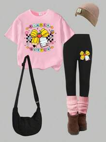 SHEIN 返校少女时尚休闲豹纹樱桃字母图案圆领短袖T恤豹纹打底裤套装个性街头套装夏秋装 - 彩色 - 查看 4