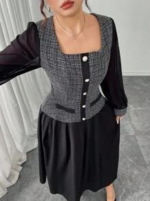 Modelyn Vestido Romântico Elegante de Xadrez Retalhos em Plus Size - Preto - Visão 6