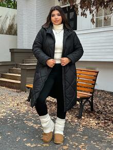 SHEIN EZwear 2025 Autumn/Winter New Casual Hooded Quilted Padded Mid-Length Cotton Jacket, Cinched Waist, Versatile For Outings, Daily, Party, Date, Holiday, Black, Plus Size - Black - View 4
