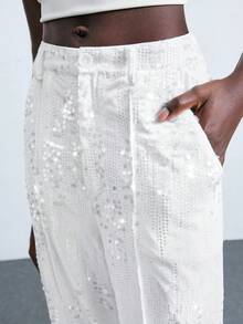 Maija 2025 女士纯色口袋直筒宽松亮片装饰裤 - 白色 - 查看 6