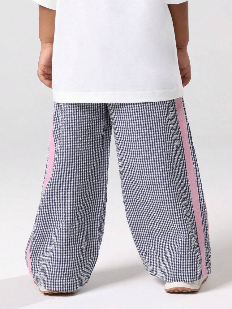 핑크 사이드 스트라이프 체크 프린트 와이드 레그 팬츠