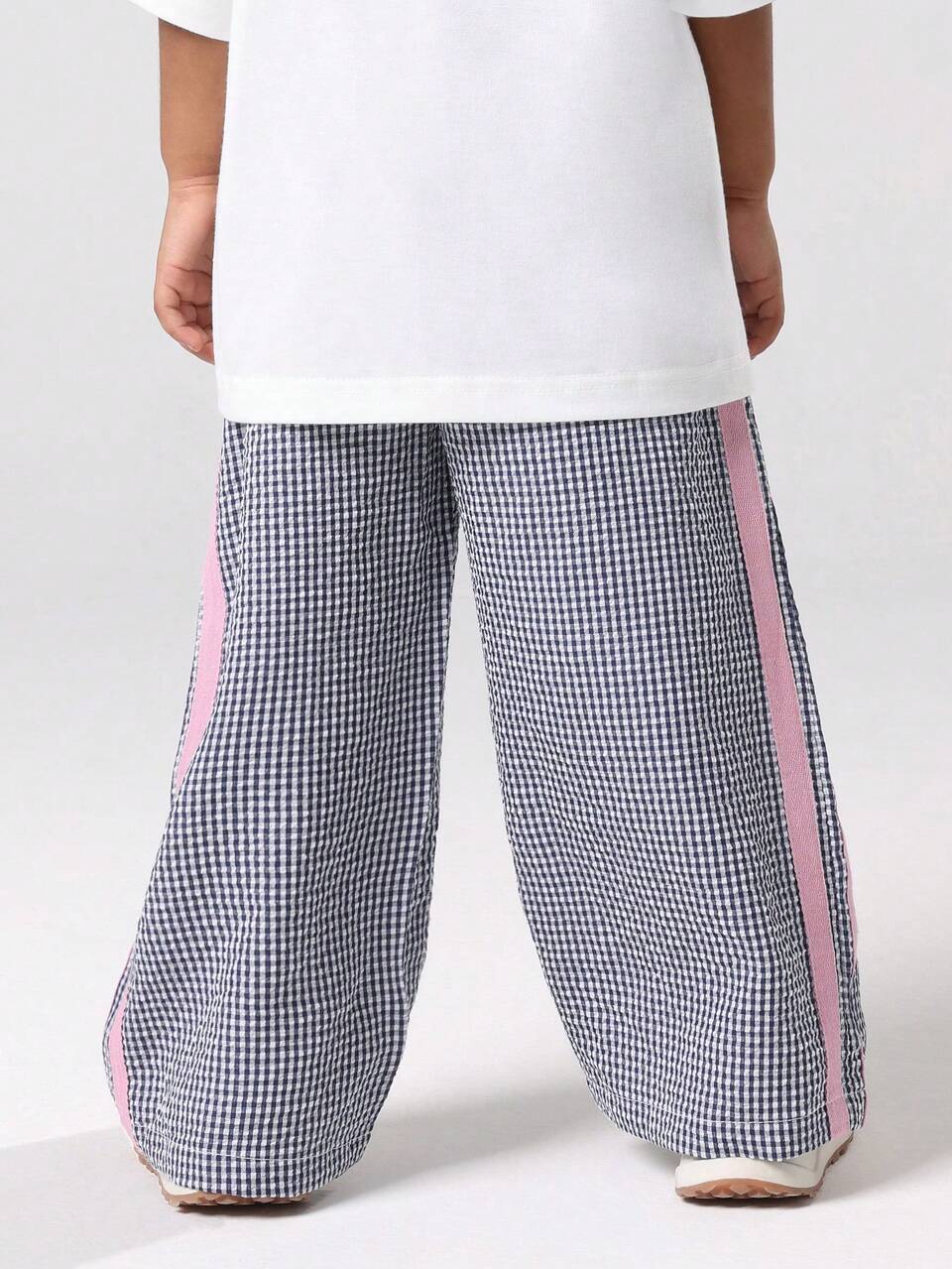 Check Print Wide Leg Pants With Pink Side Stripe