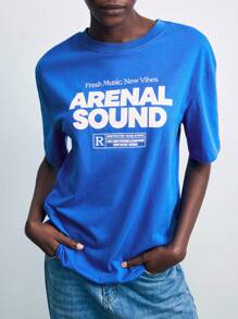 SHEIN X ArenalSound Maija Women's Casual Loose Slogan Print Round Neck Short Sleeve T-Shirt, Summer Blue Graphic T-Shirt Rave Festival - Blue - View 6