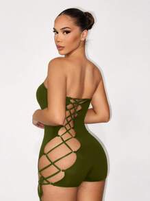 Zolique Women's Skin-Friendly & Comfortable All-Season Lace-Up Lifting Basic Solid Color Hollow Criss-Cross Strap Jumpsuit - Army Green - View 2