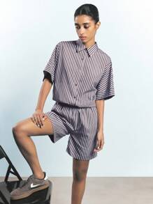 Maija 2 件女式条纹纽扣前衬衫和短裤套装，节日