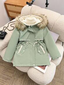 1 Stück Mädchen Farbblock Gepolsterte Jacke, Fleece Futter, Kapuze, Kunstfell Kragen, Reißverschluss, Taille, große Taschen, Winter