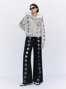 LYSMO 女士时尚前卫镂空设计灰色连帽衫，秋冬款 - 灰色 - 查看 4