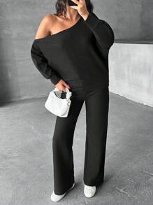 EURMUSE 女士，秋季，两件套，运动衫，裤子，奥斯曼面料，落肩运动衫，半袖，短款长度，长裤，松紧腰带 - 藏蓝色 - 查看 7