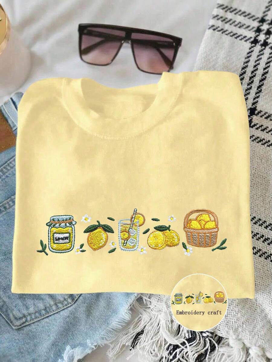 INAWLY 刺绣柠檬印花夏季 T 恤，美食爱好者礼品衬衫，送给她的可爱礼物，时尚女士水果衬衫，女士刺绣夏季氛围 T 恤 - 黃色 - 查看 1