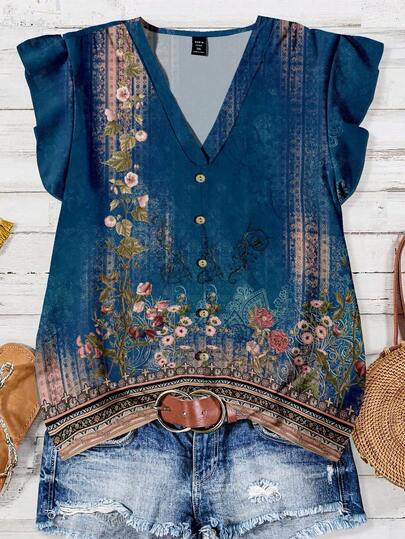 EMERY ROSE Casual Minimalist Blue Printed Plus Size Shirt, Suitable For Summer Boho Tops For Women Autumn And Winter Chic Blouses For Women