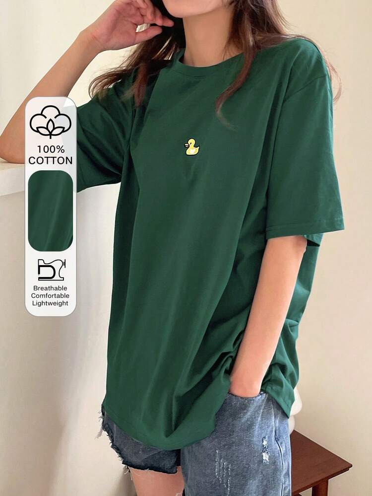 Duck Embroidery Drop Shoulder Tee Summer Oversized T-Shirt