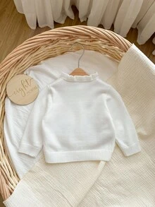 SHEIN Cardigan a maglia a manica lunga con bottoni singoli, con ricamo di conigli cartoni animati e fiori, con volant, per neonata