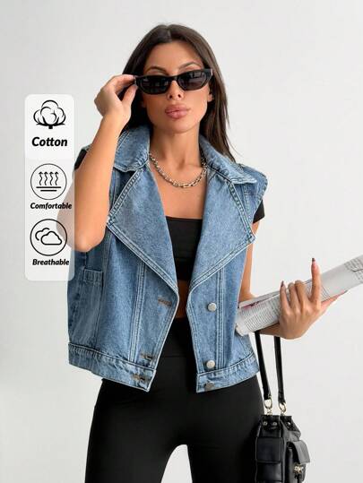 EURMUSE Kvinnors ärmlös främre knappficka Enkel jeansjacka, vardagskläder