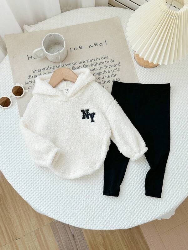 Babygirl Autumn/Winter Cute Letter Embroidered Fleece Hoodie And Elastic Waist Black Pants 2-Piece Set Fall