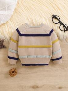 SHEIN 新生男婴/女婴可爱百搭白色针织条纹长袖毛衣，秋冬 - 彩色 - 查看 2