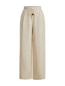 SHEIN x PRISCILA & JIMENA MOTF PREMIUM LINEN WIDE LEG PANTS - Apricot - View 2