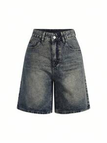 SHEIN x PRISCILA & JIMENA DAZY 女士夏季齐膝休闲牛仔短裤 - 深色水洗藍 - 查看 2