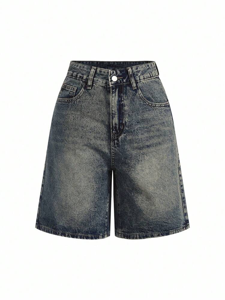 SHEIN x PRISCILA & JIMENA Women's Summer Knee-Length Casual Denim Shorts Jorts